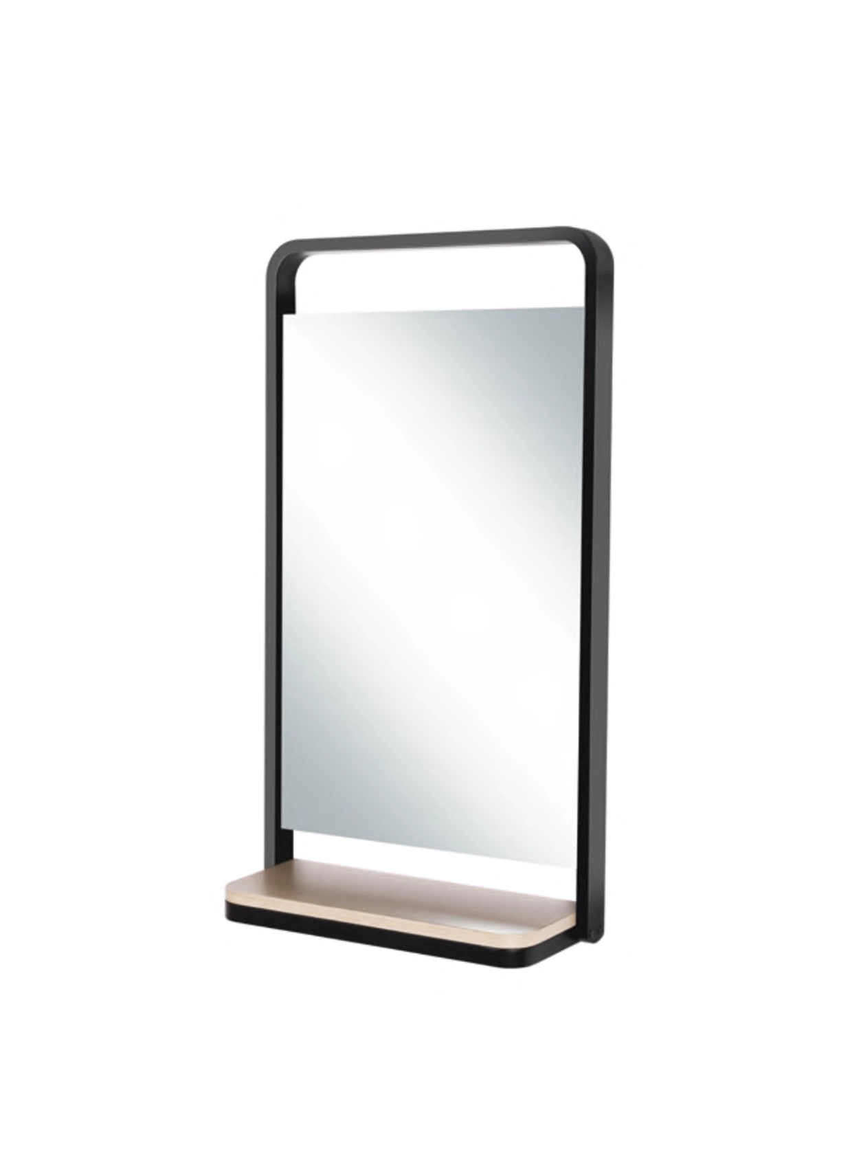 Specchio Vega con profilo metallico nero e mensola in legno